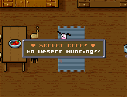 The hidden message reads "♡ SECRET CODE! ♡ Go Desert Hunting!!