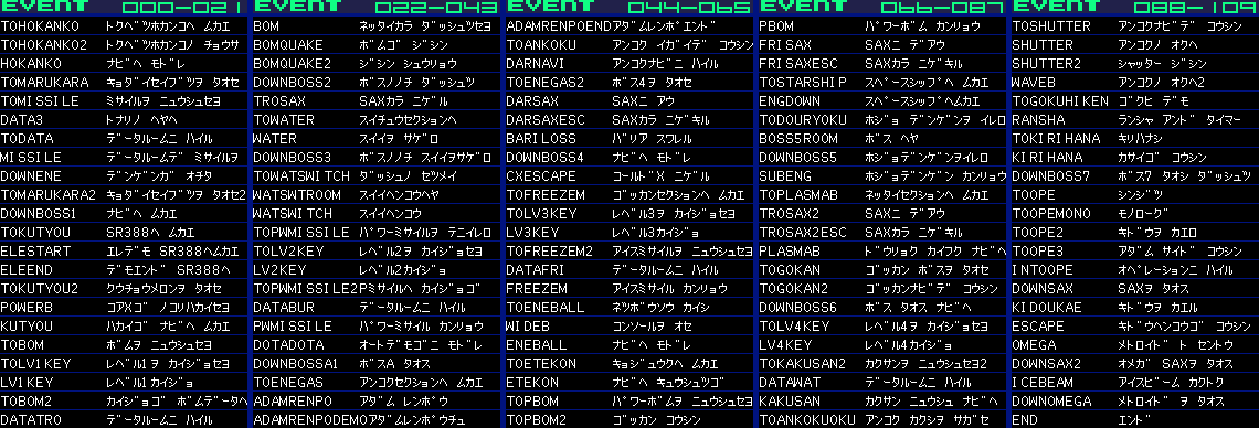 Fusion (J) debug menu event list