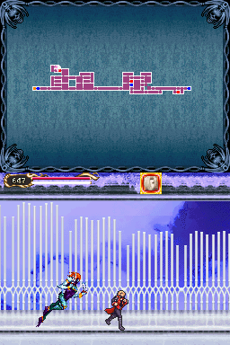 The time stop part of Zephyr's intro, only appears in Dawn of Sorrow. Zephyr is also in the game, but since he only appears in Nest of Evil, there's no chance to see the intro.
