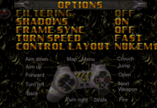 The options menu for Duke Nukem: Total Meltdown (NA/EU), depicting several options and a render of a PlayStation controller.