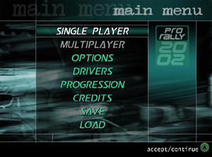 Pro Rally 2002 GCN main menu.png