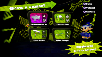 Splattershot, Splattershot Jr, Splat Roller and the Splat Charger.