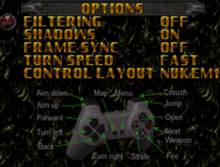 The options menu for Duke Nukem: Total Meltdown (JP), depicting several options and a render of a PlayStation controller.